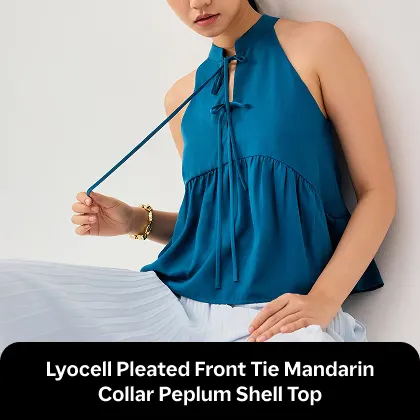 Lyocell Pleated Front Tie Mandarin Collar Peplum Shell Top 