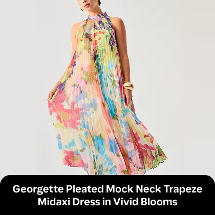 Georgette Pleated Mock Neck Trapeze Midaxi Dress in Vivid Blooms
