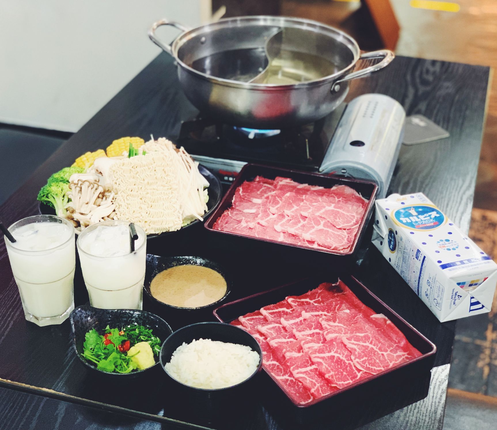 2 x A La Carte Wagyu Beef Sukiyaki & Shabu Shabu Twin Pot + Calpis Drink