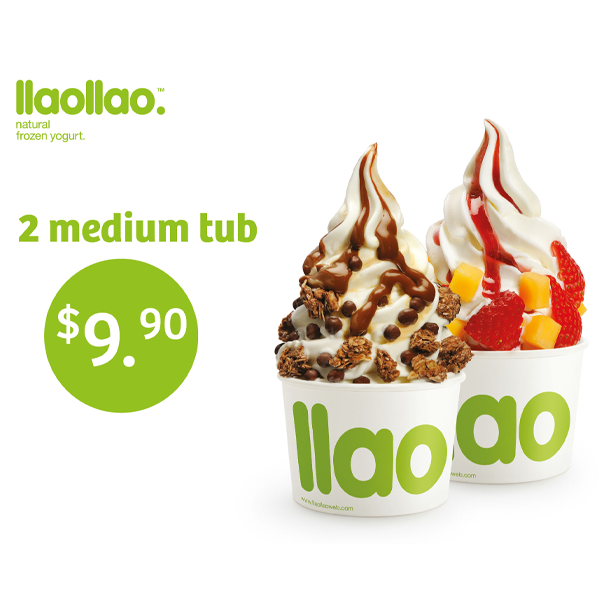 2 x Medium Frozen Yogurt Tubs (Choice of 3 Toppings each) at llaollao - Get Deals, Cashback and Rewards with ShopBack GO