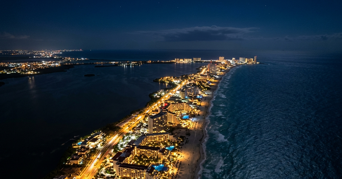 Cancun Hotel Zone aerial — resort strip along the Caribbean coast for US travellers comparing all-inclusive options