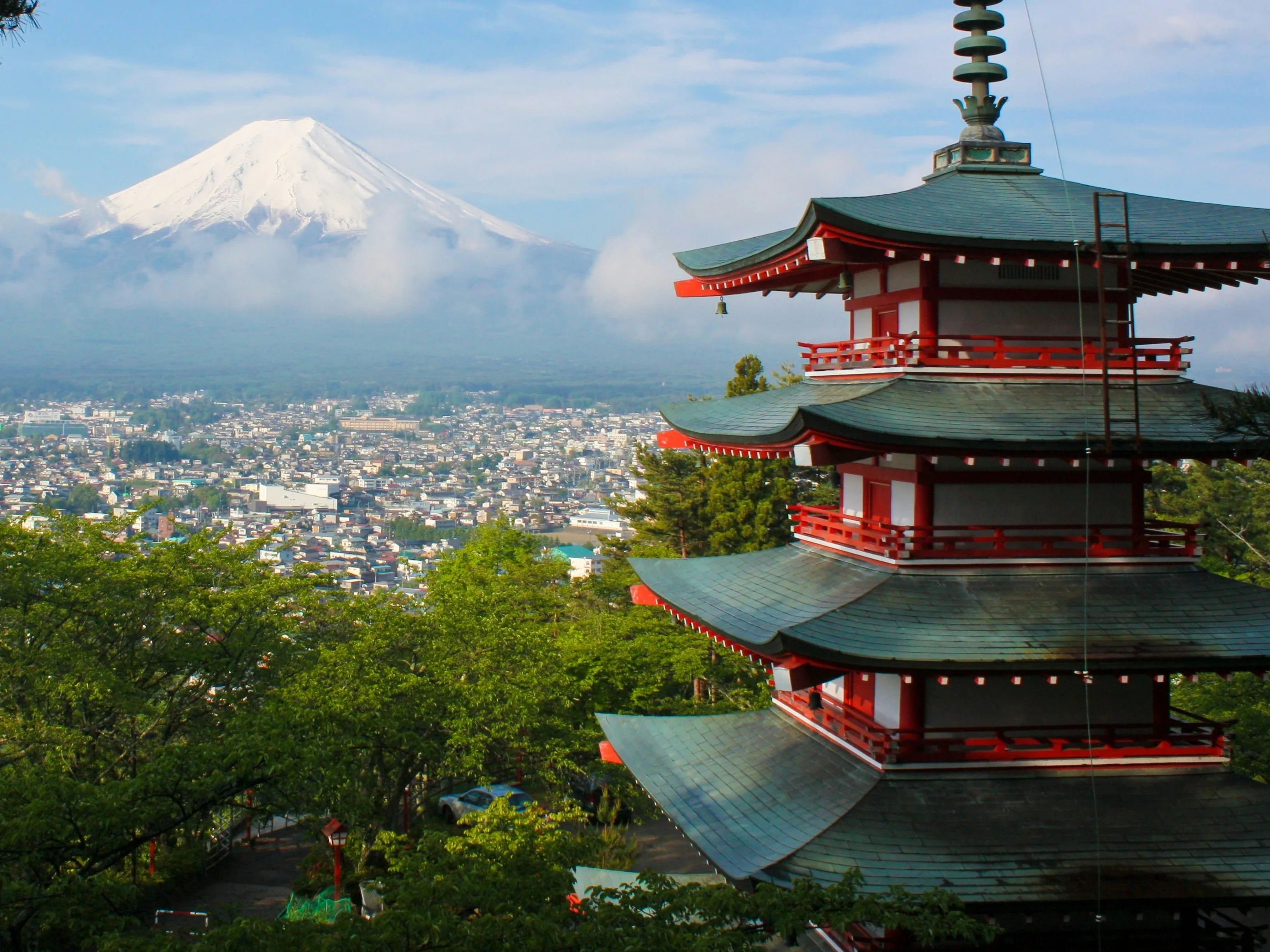 Mount Fuji and Japanese temple view