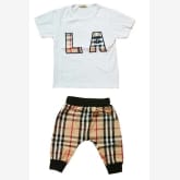 Import Setelan Kaos Los Angeles Celana Pendek Kotak - Putih/Coklat