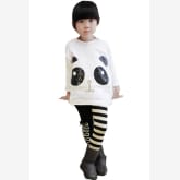Oem Cyber 2pcs/Set Costume For Girls Kids Panda Batwing Sleeve Pullover Tops + Striped Pants Leggings (Black+ White)
