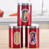 Oem Stainless Steel Window Canister Tea Coffee Sugar Nuts Jar Storage 3pcs (Red)
