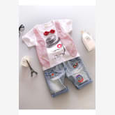 Oem Cyber Fashion Casual Kids Boys Cute Wear Casual Bow Tie T-shirt Tops Denim Shorts Jeans Two Piece Set (Pink)