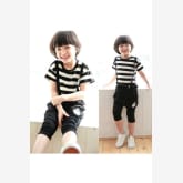 Oem Cyber Boy Short Sleeve Striped Shorts Top + Shorts Outfit (Black)